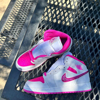 Custom Air Jordan 1 White And Hot Pink With Rhinestone Swoosh