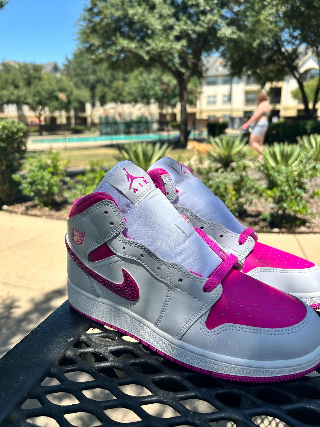 Custom Air Jordan 1 White And Hot Pink With Rhinestone Swoosh