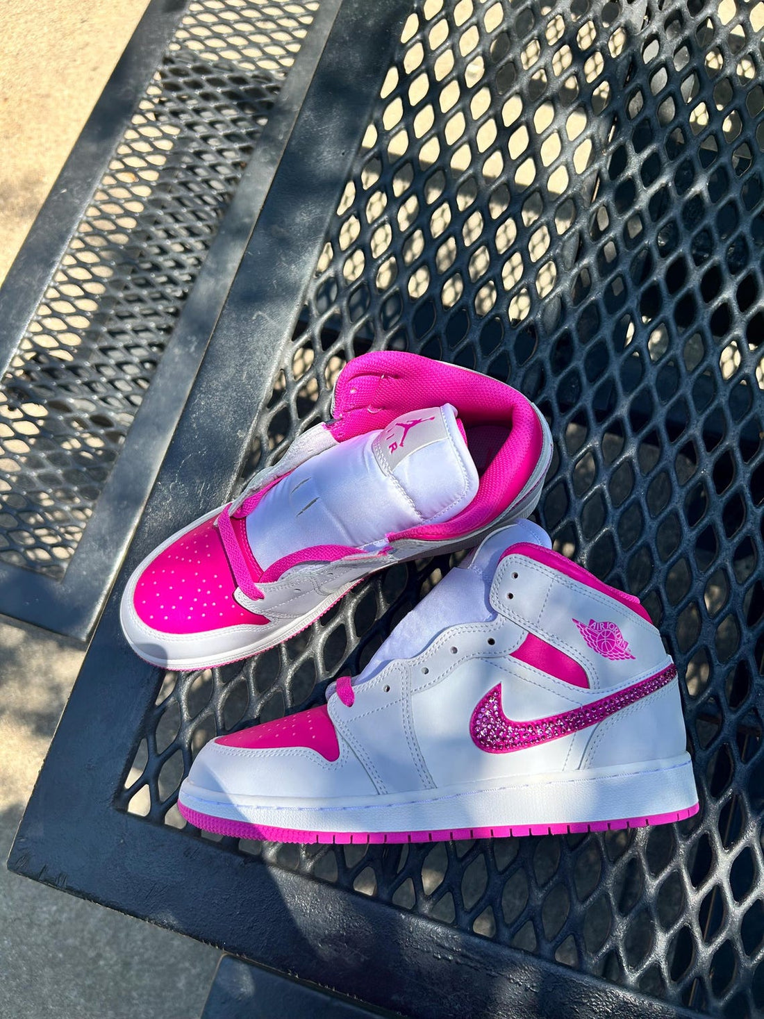 Custom Air Jordan 1 White And Hot Pink With Rhinestone Swoosh