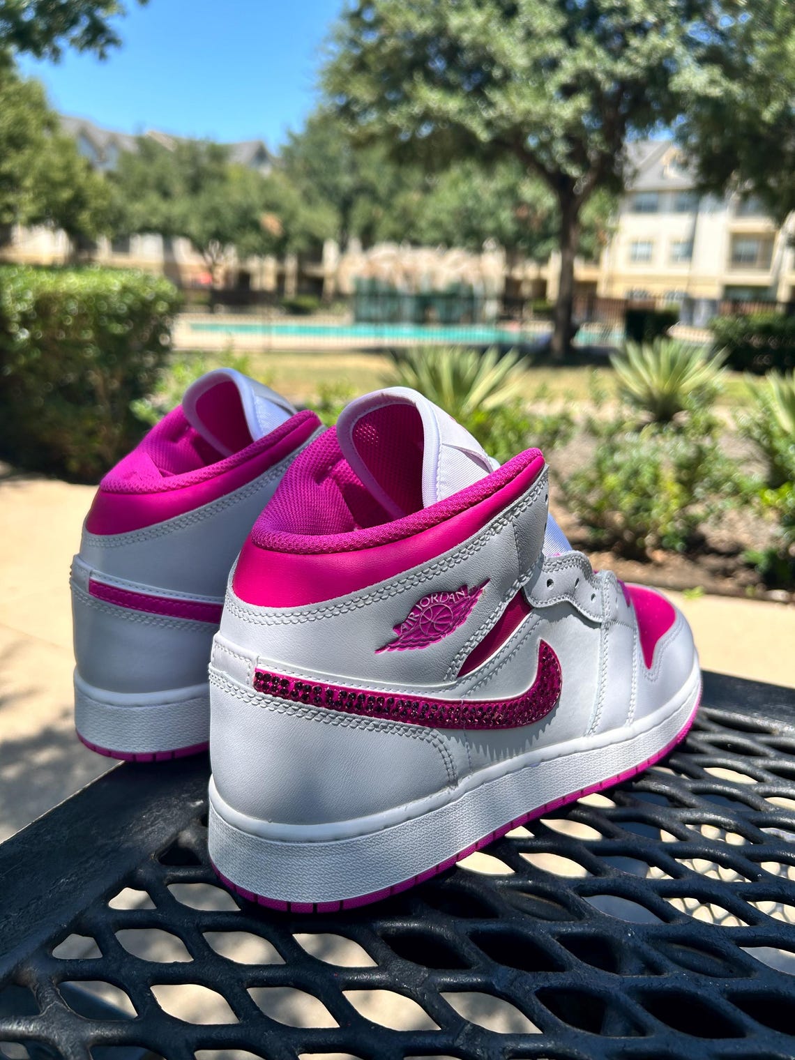 Custom Air Jordan 1 White And Hot Pink With Rhinestone Swoosh