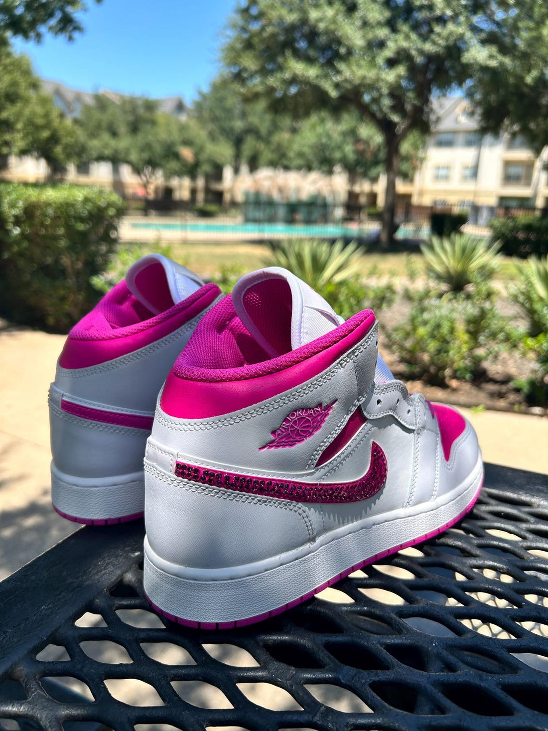 Custom Air Jordan 1 White And Hot Pink With Rhinestone Swoosh