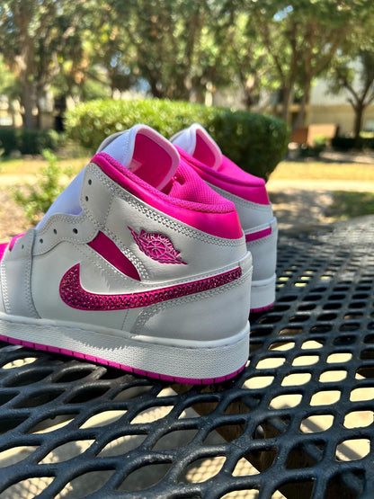 Custom Air Jordan 1 White And Hot Pink With Rhinestone Swoosh