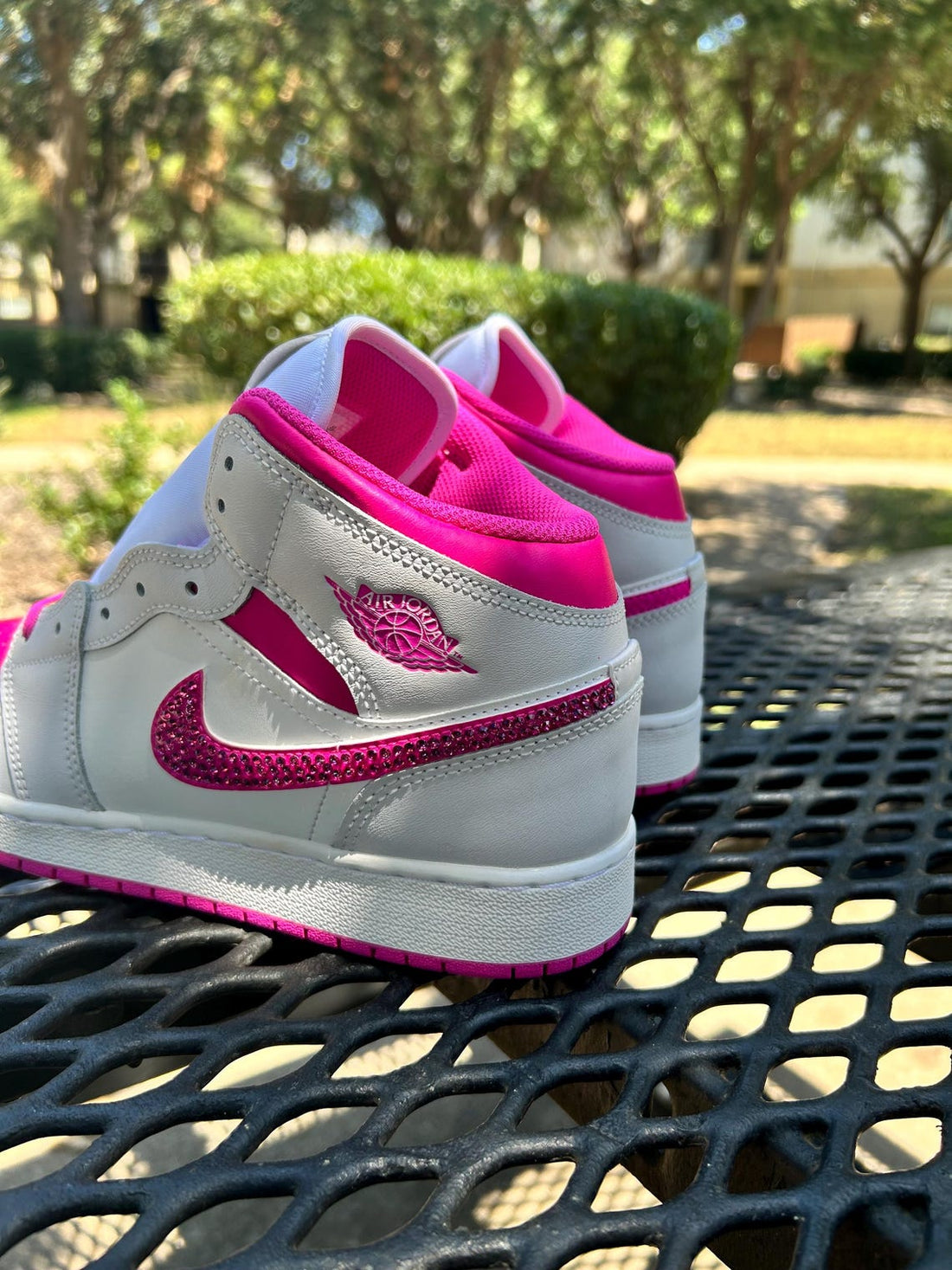 Custom Air Jordan 1 White And Hot Pink With Rhinestone Swoosh