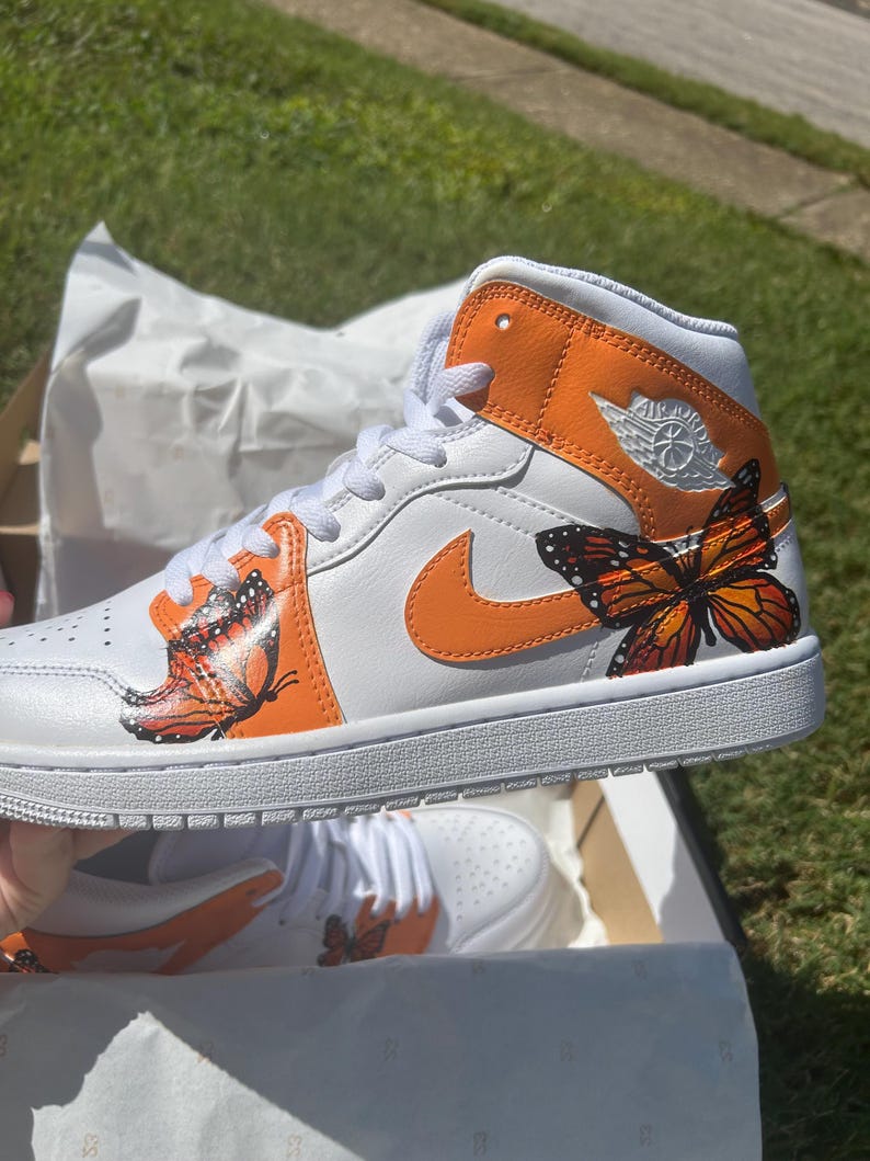 Custom Air Jordan 1 White And Orange Embellished With Butterflies