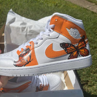 Custom Air Jordan 1 White And Orange Embellished With Butterflies