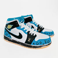 Custom Air Jordan 1 White Blue and Black With LV Patterns