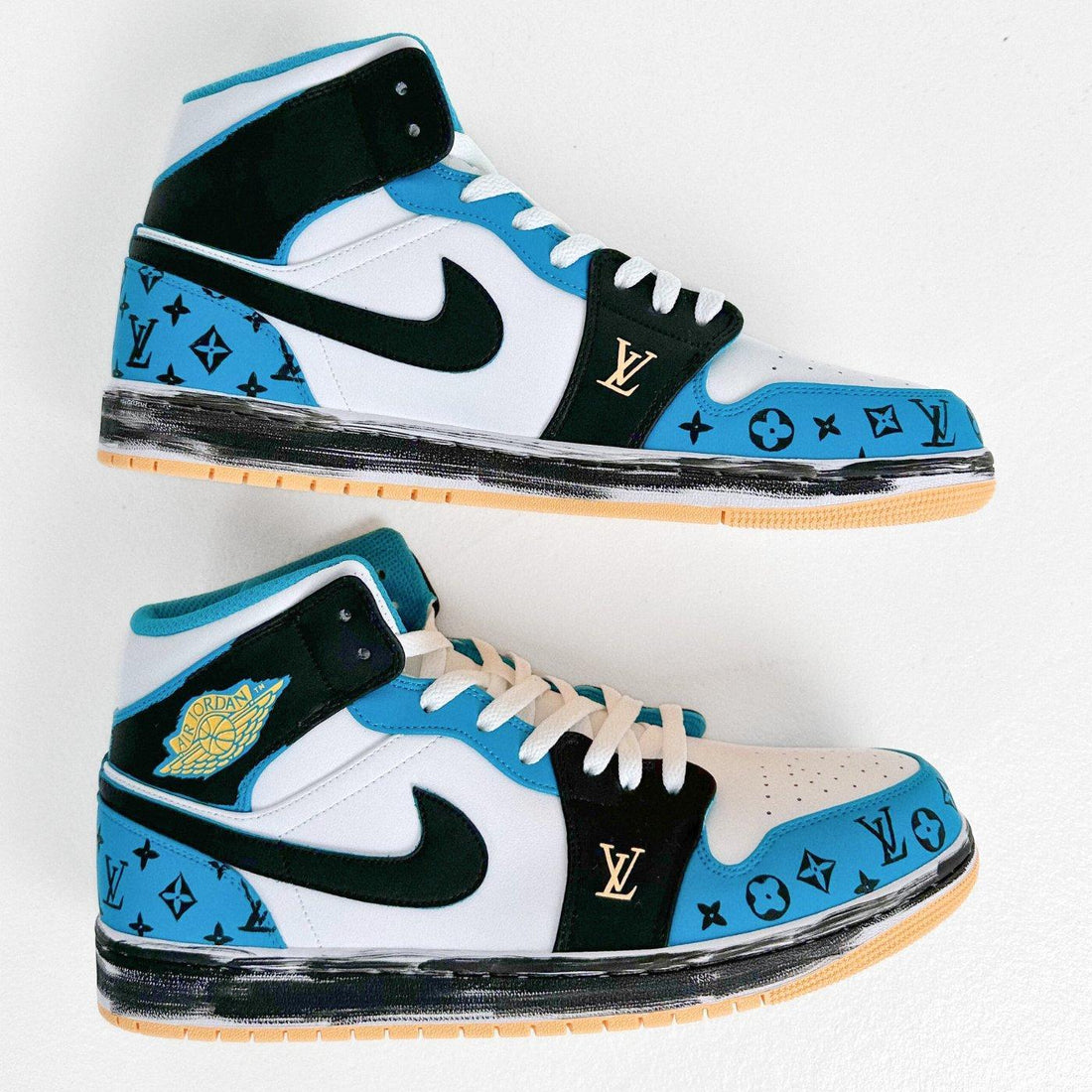 Custom Air Jordan 1 White Blue and Black With LV Patterns
