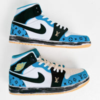 Custom Air Jordan 1 White Blue and Black With LV Patterns