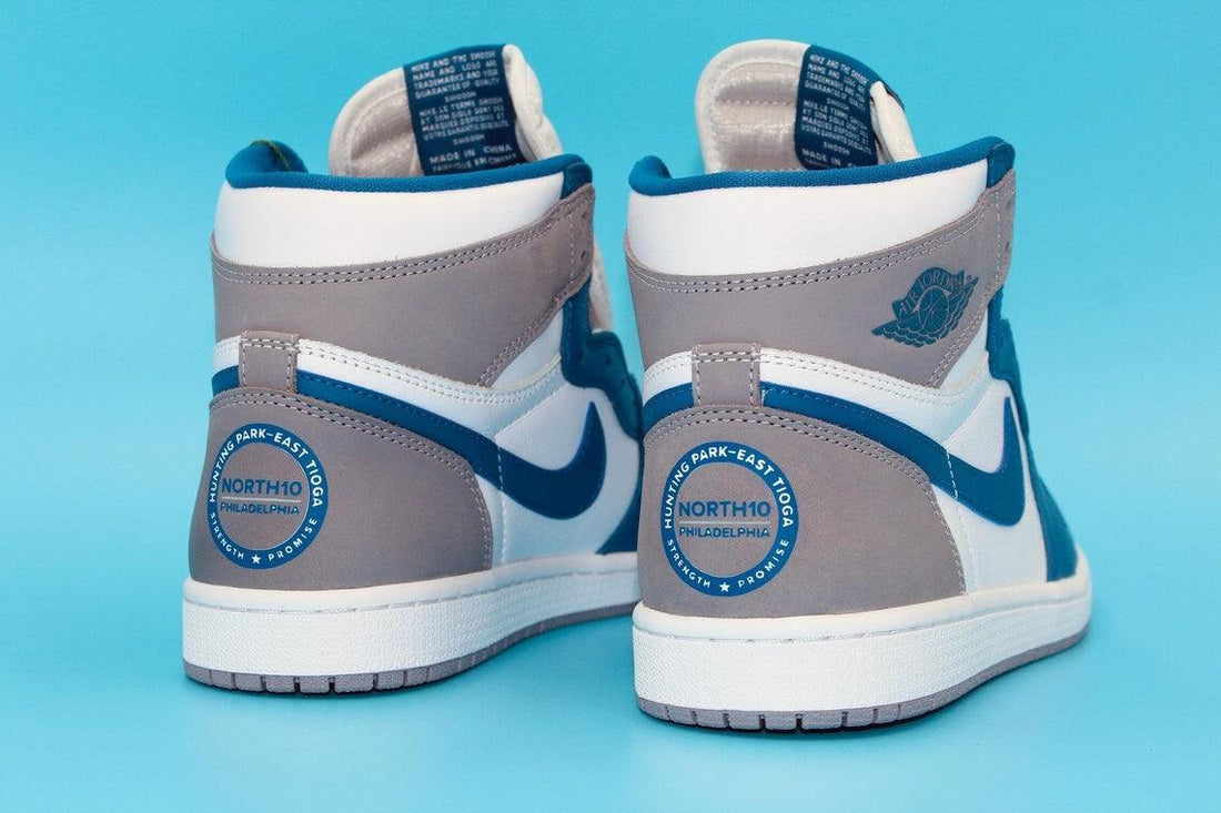 Custom Air Jordan 1 White Blue And Grey Logo Design