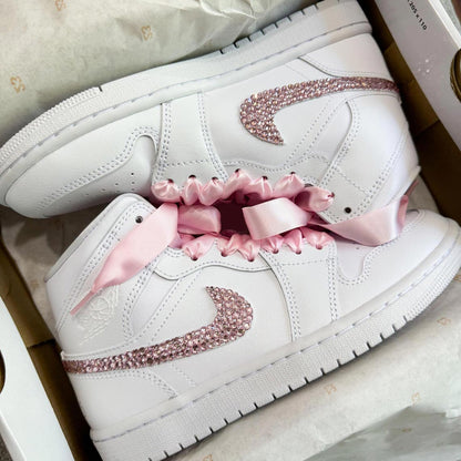 Custom Air Jordan 1 White Featuring Pink Rhinestones and Satin Ribbons