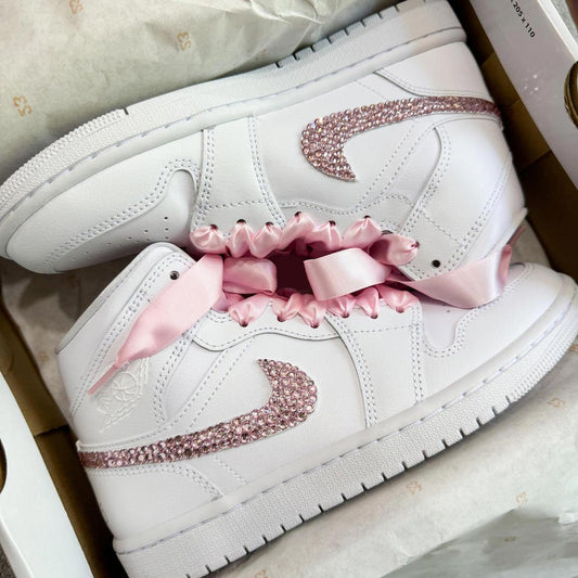 Custom Air Jordan 1 White Featuring Pink Rhinestones and Satin Ribbons