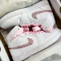 Custom Air Jordan 1 White Featuring Pink Rhinestones and Satin Ribbons