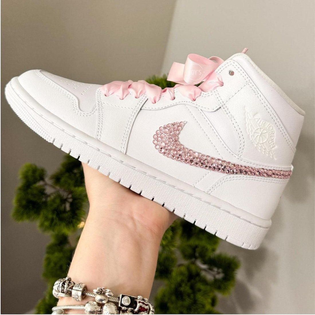 Custom Air Jordan 1 White Featuring Pink Rhinestones and Satin Ribbons