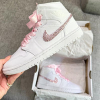 Custom Air Jordan 1 White Featuring Pink Rhinestones and Satin Ribbons