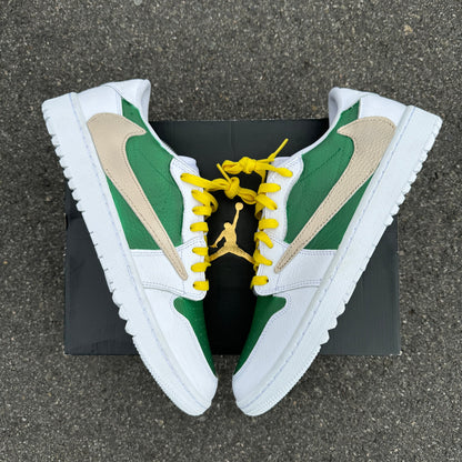Custom Air Jordan 1 White Green With Yellow Laces And Beige Swoosh