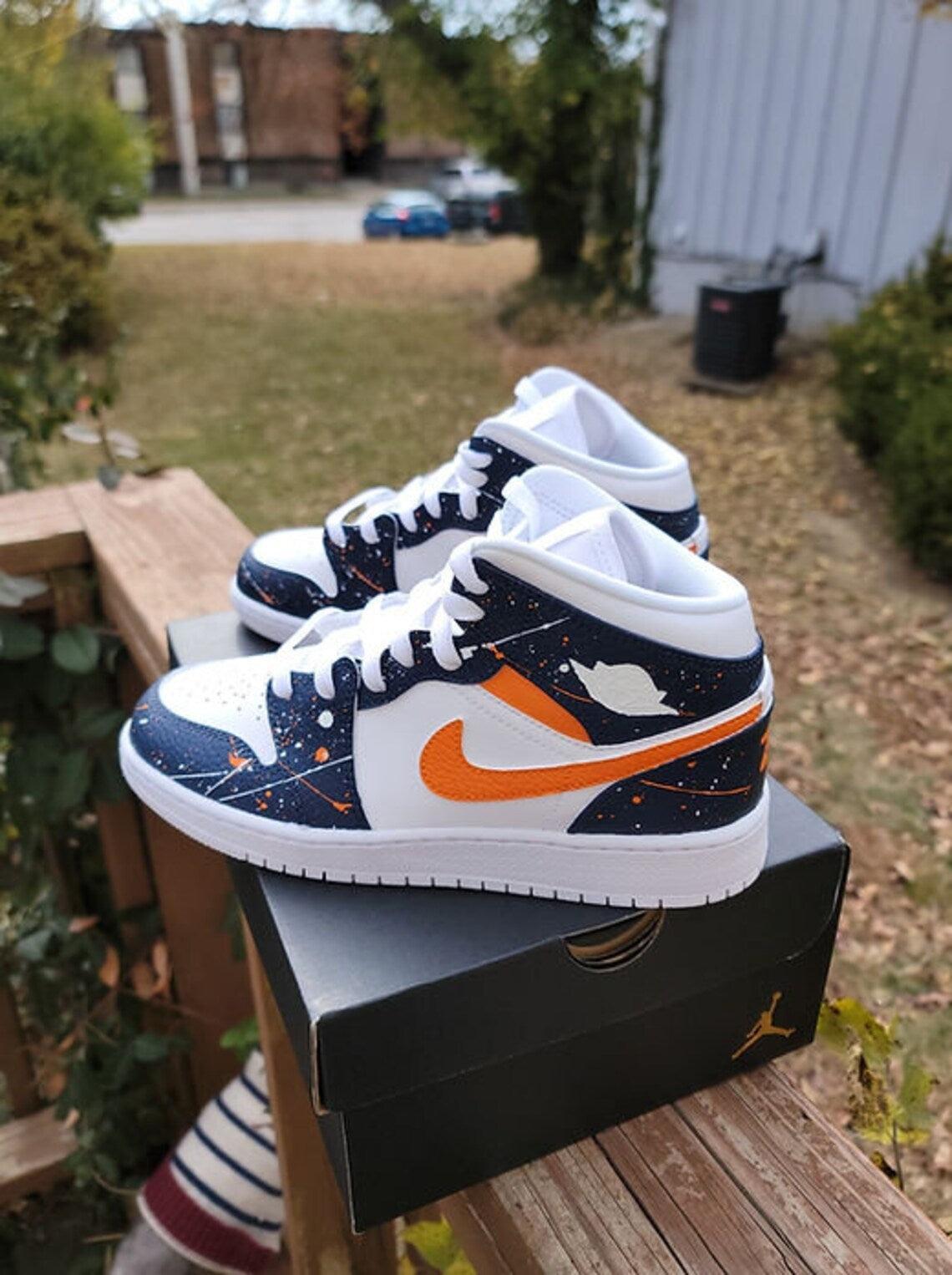Custom Air Jordan 1 White Navy Orange Splatter Design