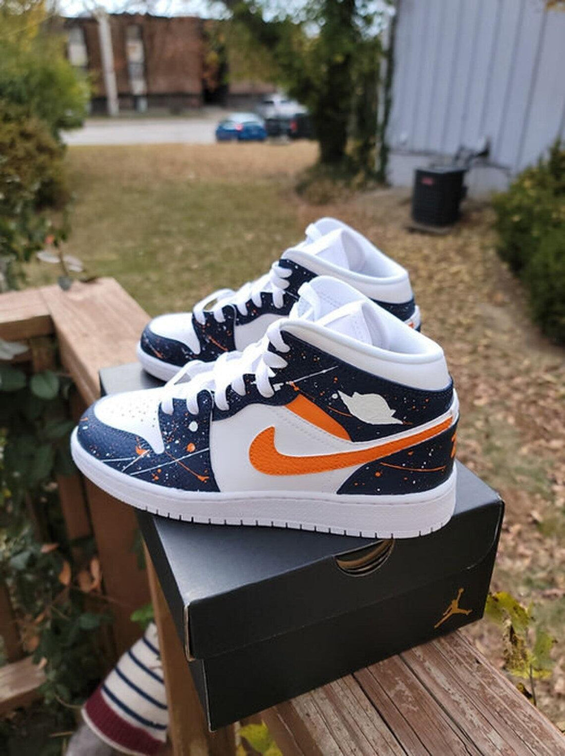 Custom Air Jordan 1 White Navy Orange Splatter Design