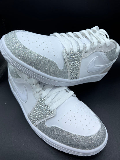 Custom Air Jordan 1 White Silver Glitter Rhinestones Low