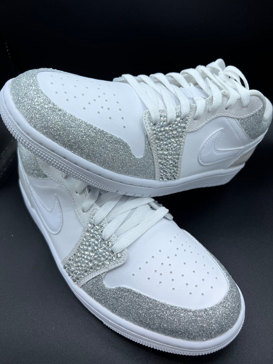 Custom Air Jordan 1 White Silver Glitter Rhinestones Low