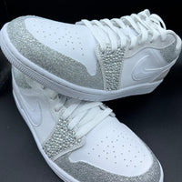 Custom Air Jordan 1 White Silver Glitter Rhinestones Low