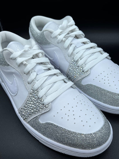 Custom Air Jordan 1 White Silver Glitter Rhinestones Low
