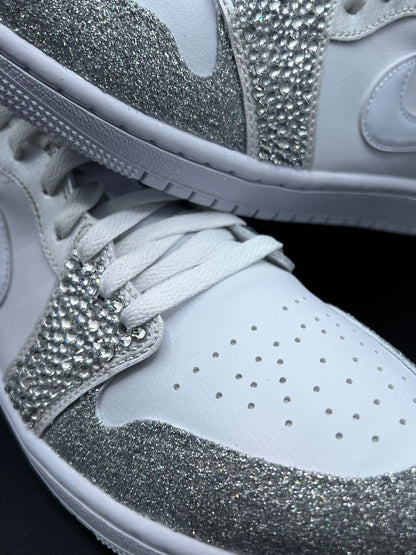 Custom Air Jordan 1 White Silver Glitter Rhinestones Low