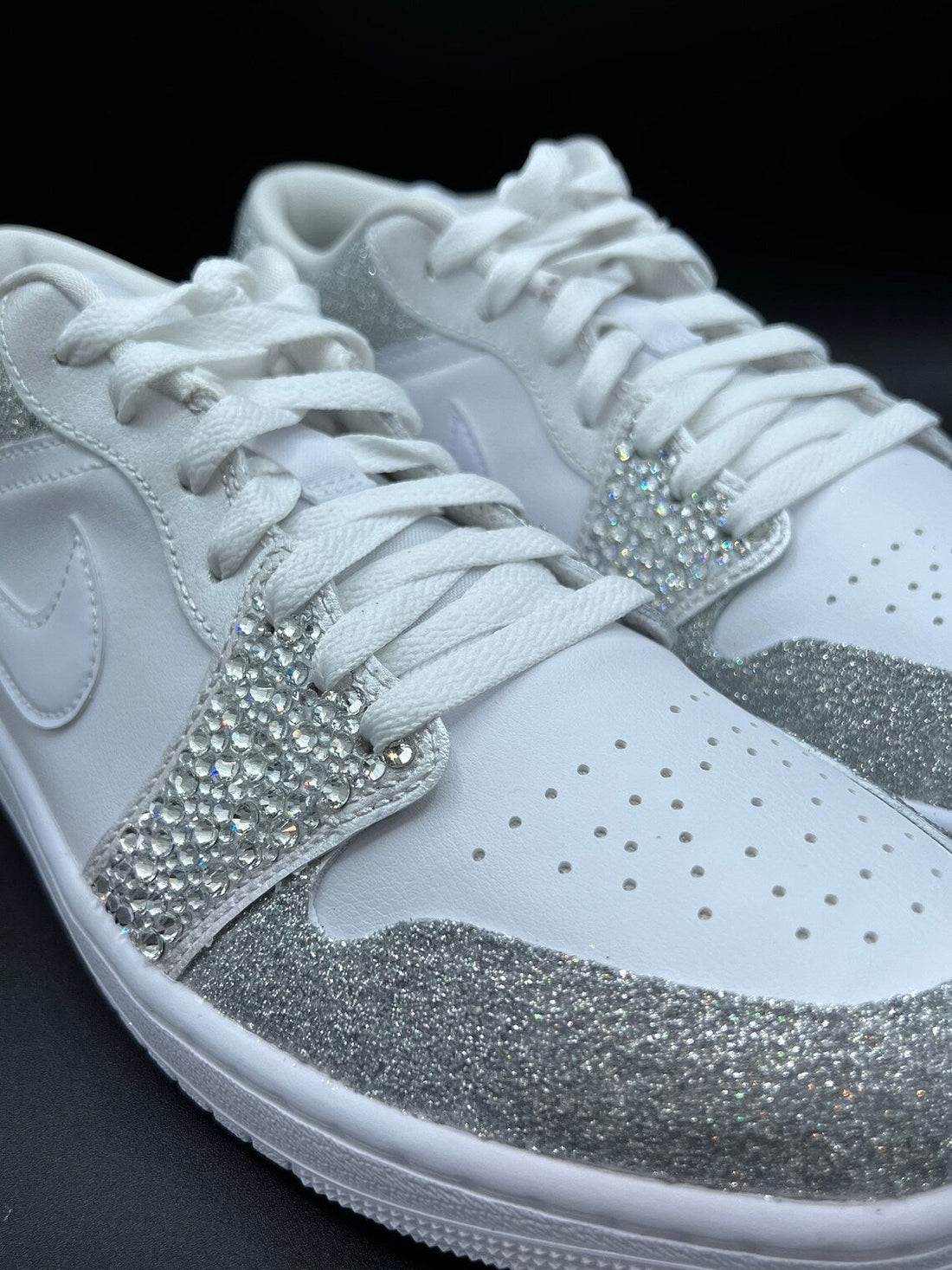 Custom Air Jordan 1 White Silver Glitter Rhinestones Low