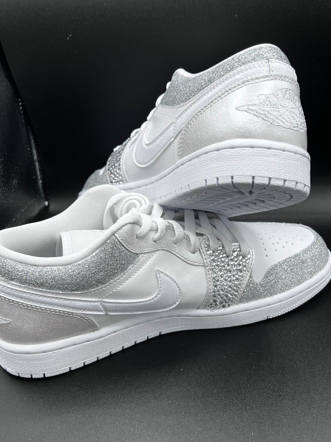 Custom Air Jordan 1 White Silver Glitter Rhinestones Low