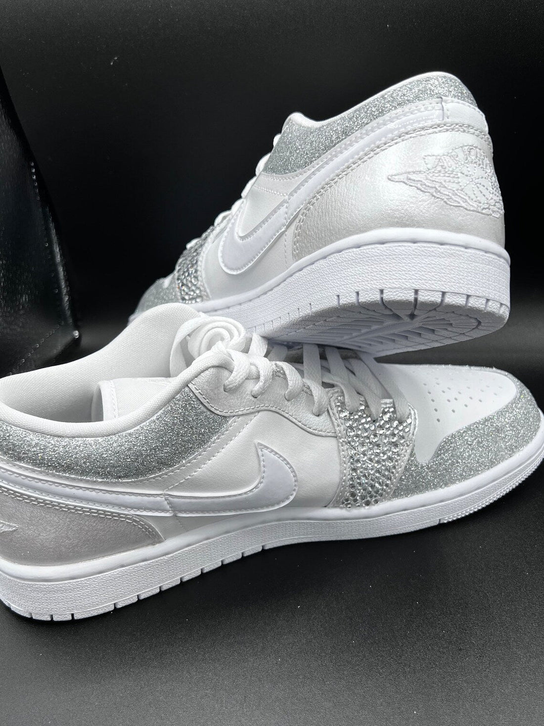 Custom Air Jordan 1 White Silver Glitter Rhinestones Low