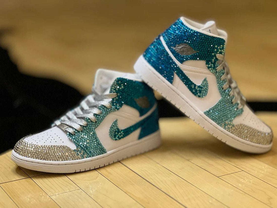 Custom Air Jordan 1 White Teal Rhinestones