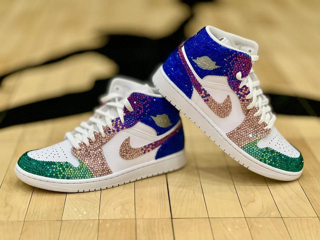 Custom Air Jordan 1 White With Blue Green Rhinestones