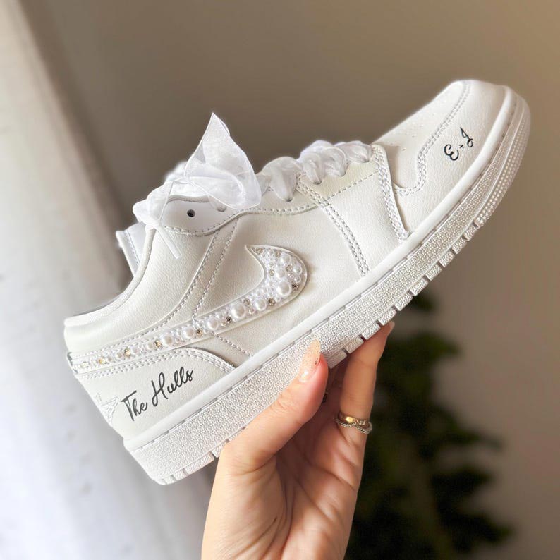 Custom Air Jordan 1 White With Pearls And Ribbons