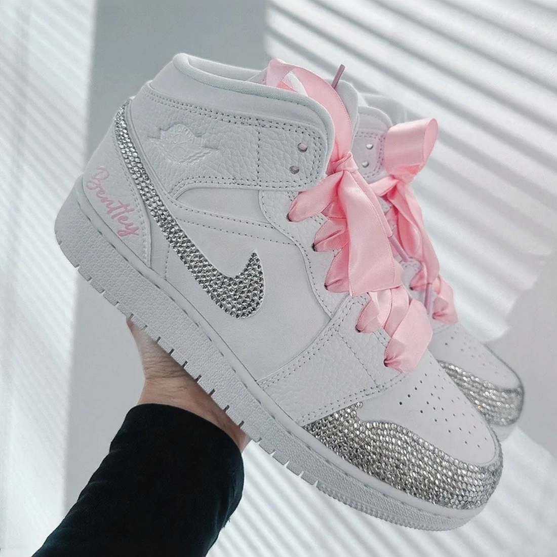 Custom Air Jordan 1 White With Pink Ribbons And Silver Rhinestones