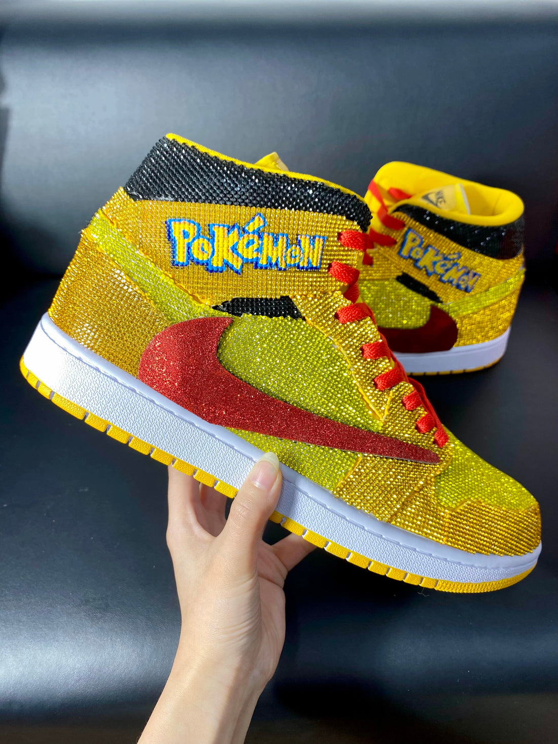 Custom Air Jordan 1 Yellow with Pokemon Logo and Glittery Design