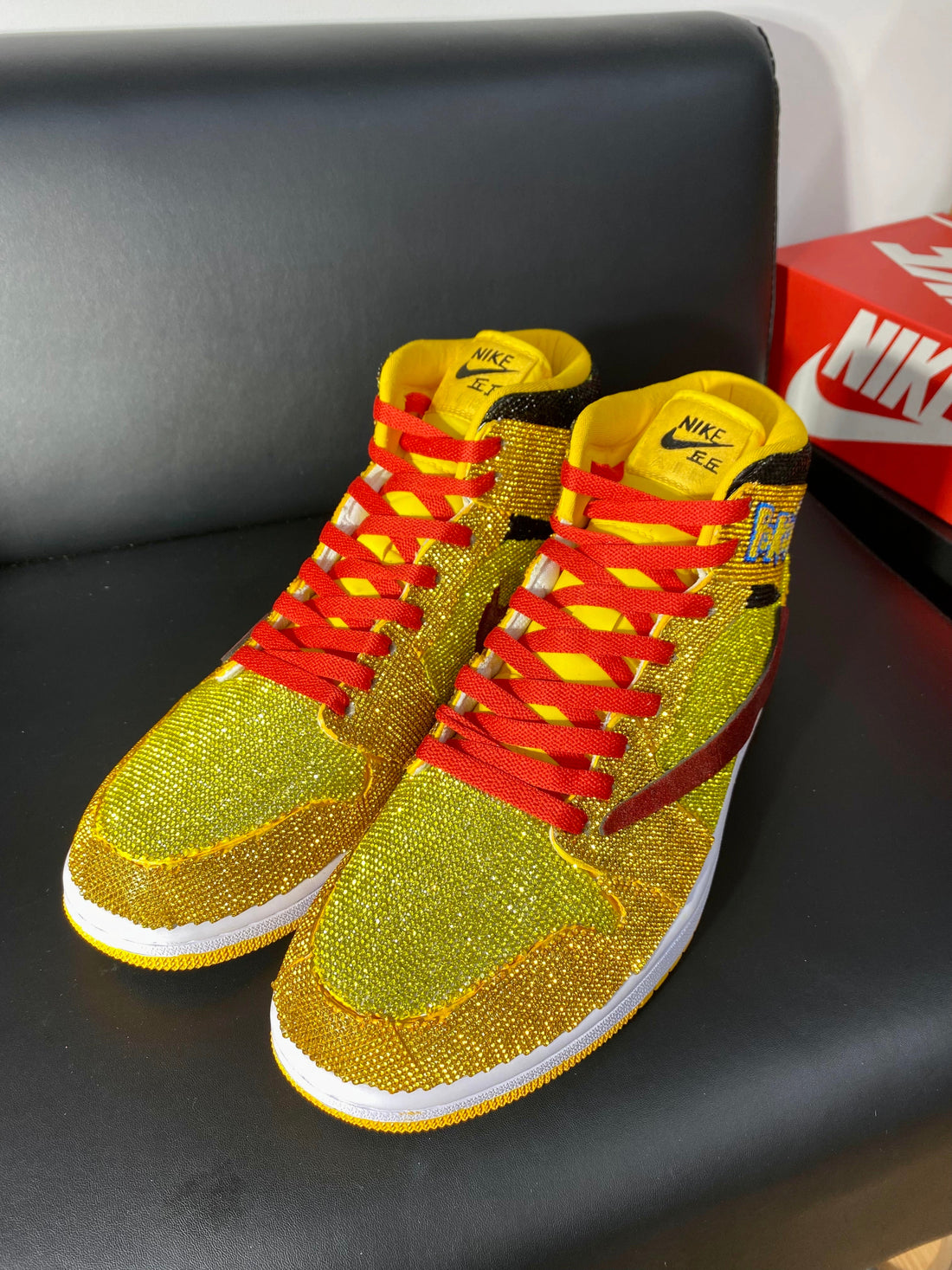Custom Air Jordan 1 Yellow with Pokemon Logo and Glittery Design