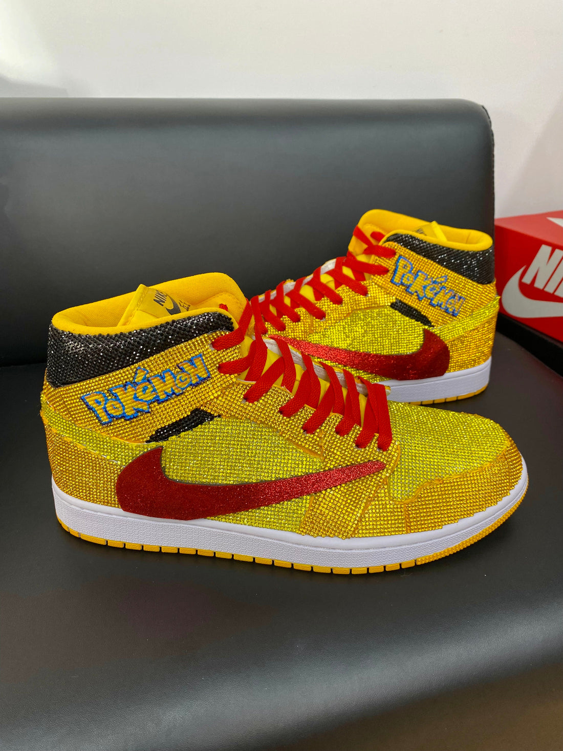 Custom Air Jordan 1 Yellow with Pokemon Logo and Glittery Design