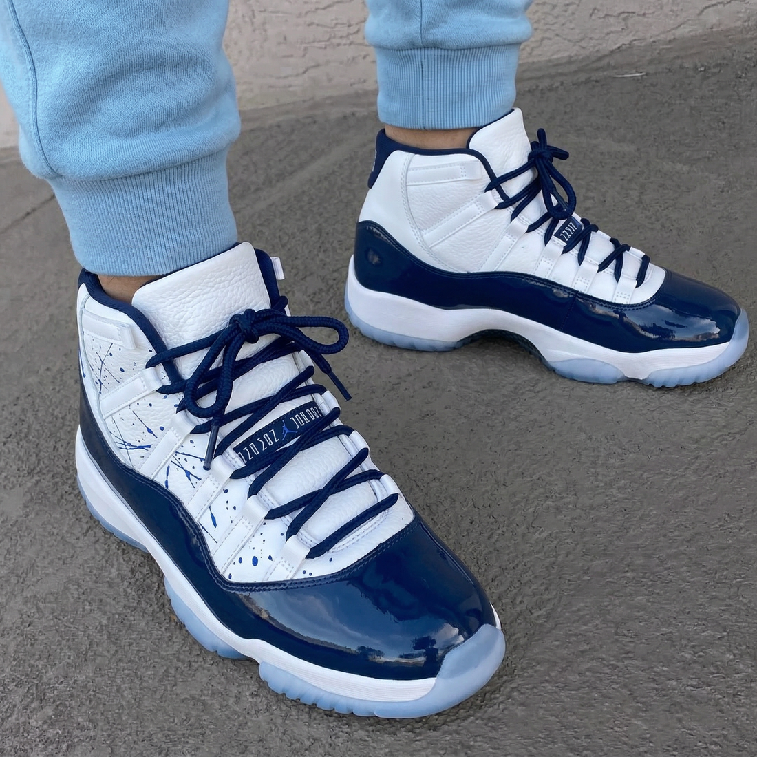 Custom AJ 11s Shoes Splatter Retro Unc Win White Navy Blue