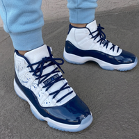 Custom AJ 11s Shoes Splatter Retro Unc Win White Navy Blue
