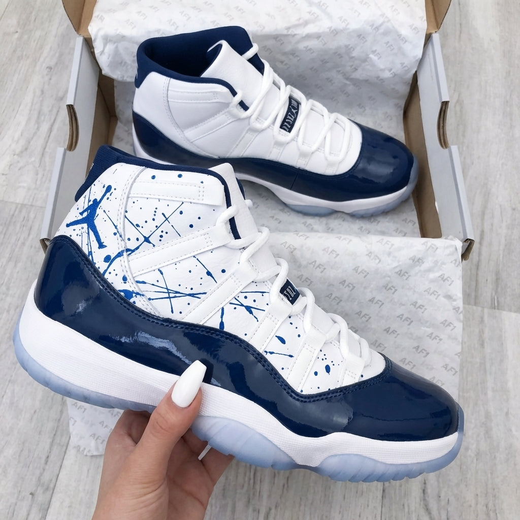Custom AJ 11s Shoes Splatter Retro Unc Win White Navy Blue