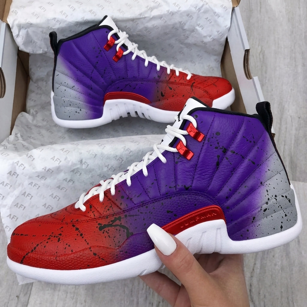 Custom AJ 12s Shoes Raptors Fade Gradient Black Splatter Purple Red