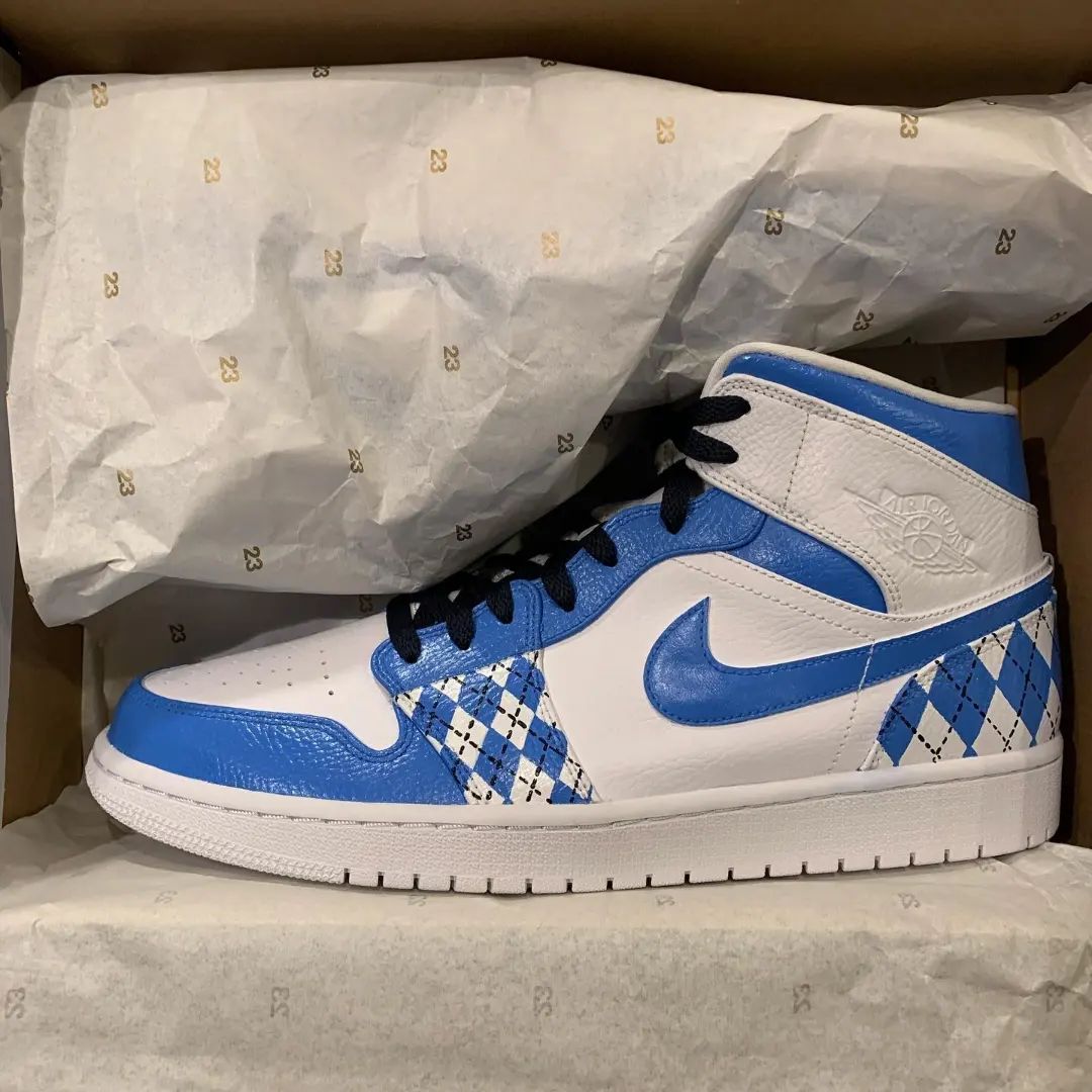 Custom AJ 1s Shoes Argyle Pattern Blue White