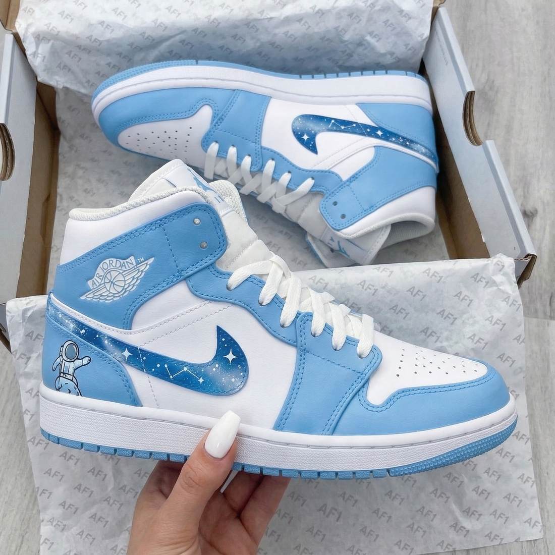 Custom AJ 1s Shoes Astronaut Galaxy Constellation Swoosh White Baby Blue
