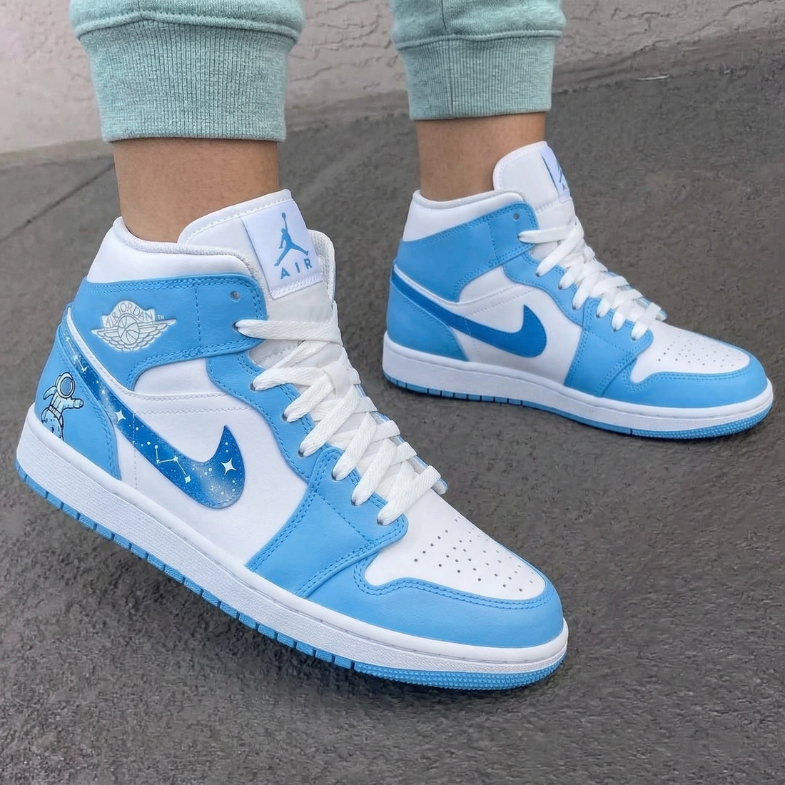 Custom AJ 1s Shoes Astronaut Galaxy Constellation Swoosh White Baby Blue