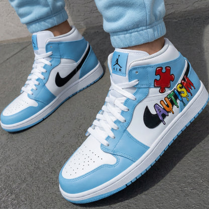 Custom AJ 1s Shoes Autism Puzzle Baby Blue and White