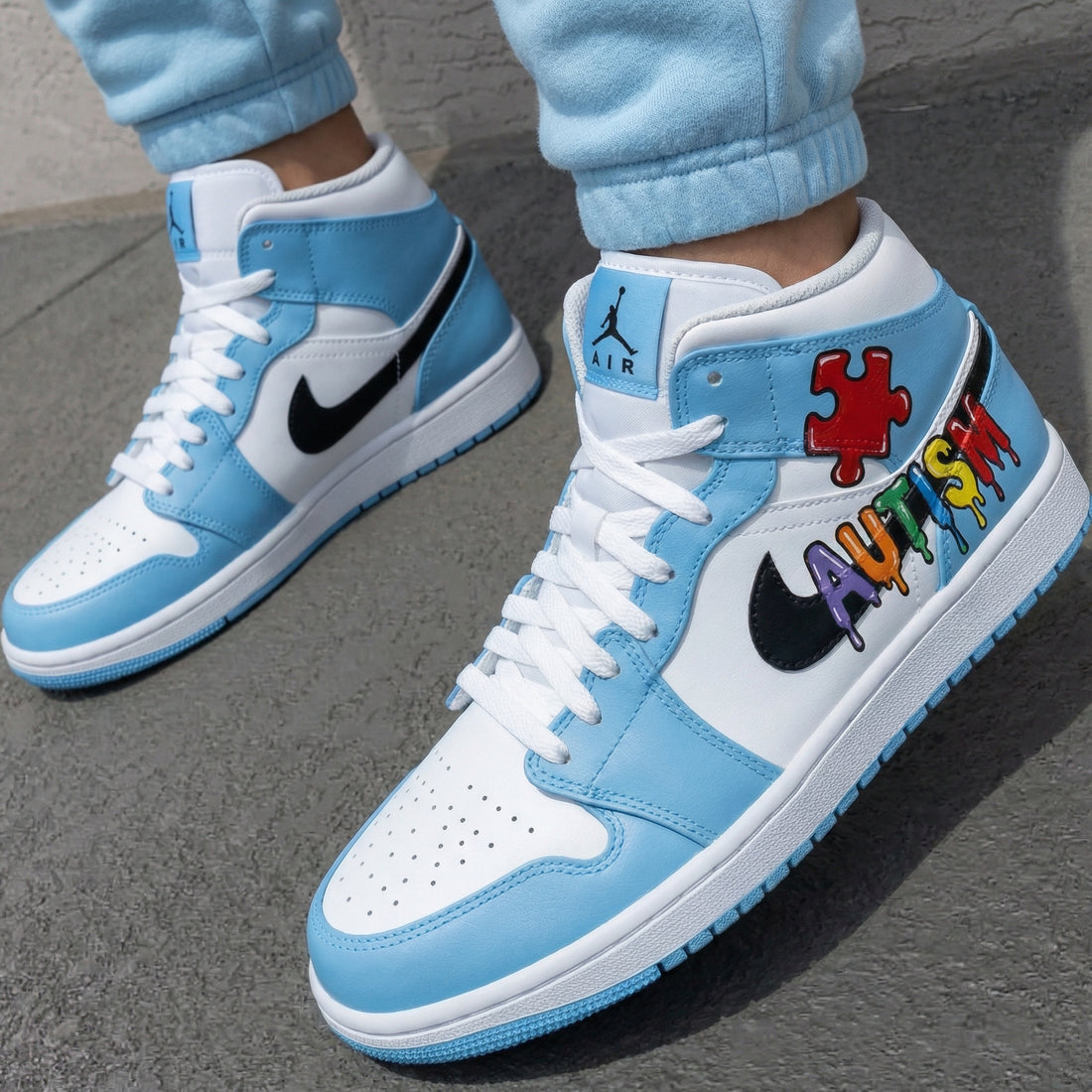 Custom AJ 1s Shoes Autism Puzzle Baby Blue and White