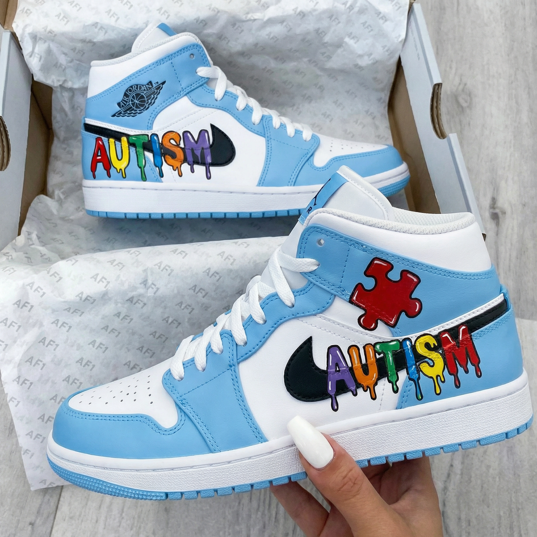 Custom AJ 1s Shoes Autism Puzzle Baby Blue and White