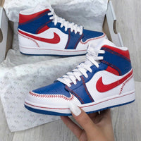 Custom AJ 1s Shoes Baseball Stitch Design Red Blue and White