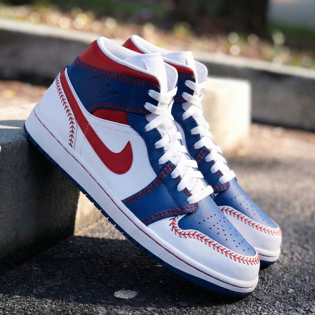 Custom AJ 1s Shoes Baseball Stitch Design Red Blue and White