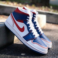 Custom AJ 1s Shoes Baseball Stitch Design Red Blue and White
