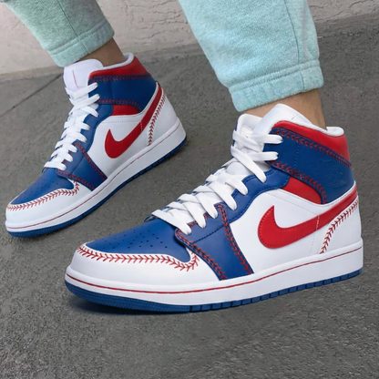 Custom AJ 1s Shoes Baseball Stitch Design Red Blue and White